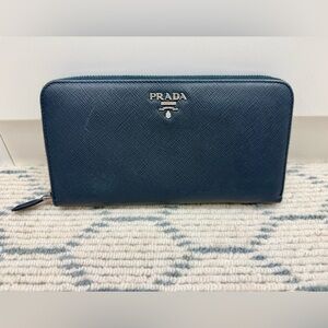 PRADA Signature Classic Saffiano Leather Navy Zip-Around Continental Wallet